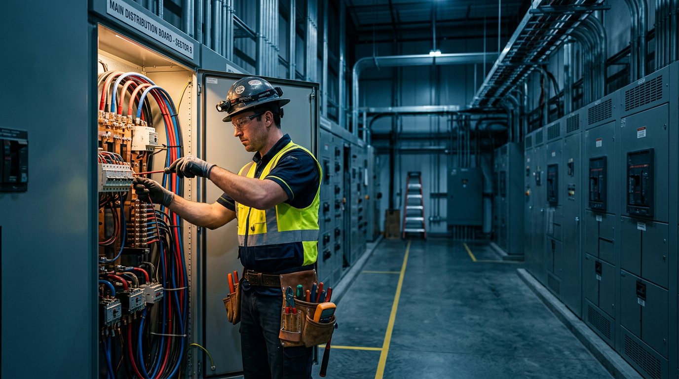 Electrician working on modern electrical panel
